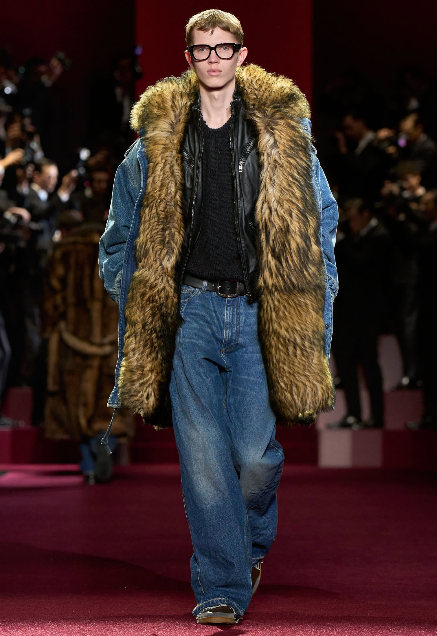 Casual look by Dolce & Gabbana with shearling lined denim coat, leather jacket and denim jeans