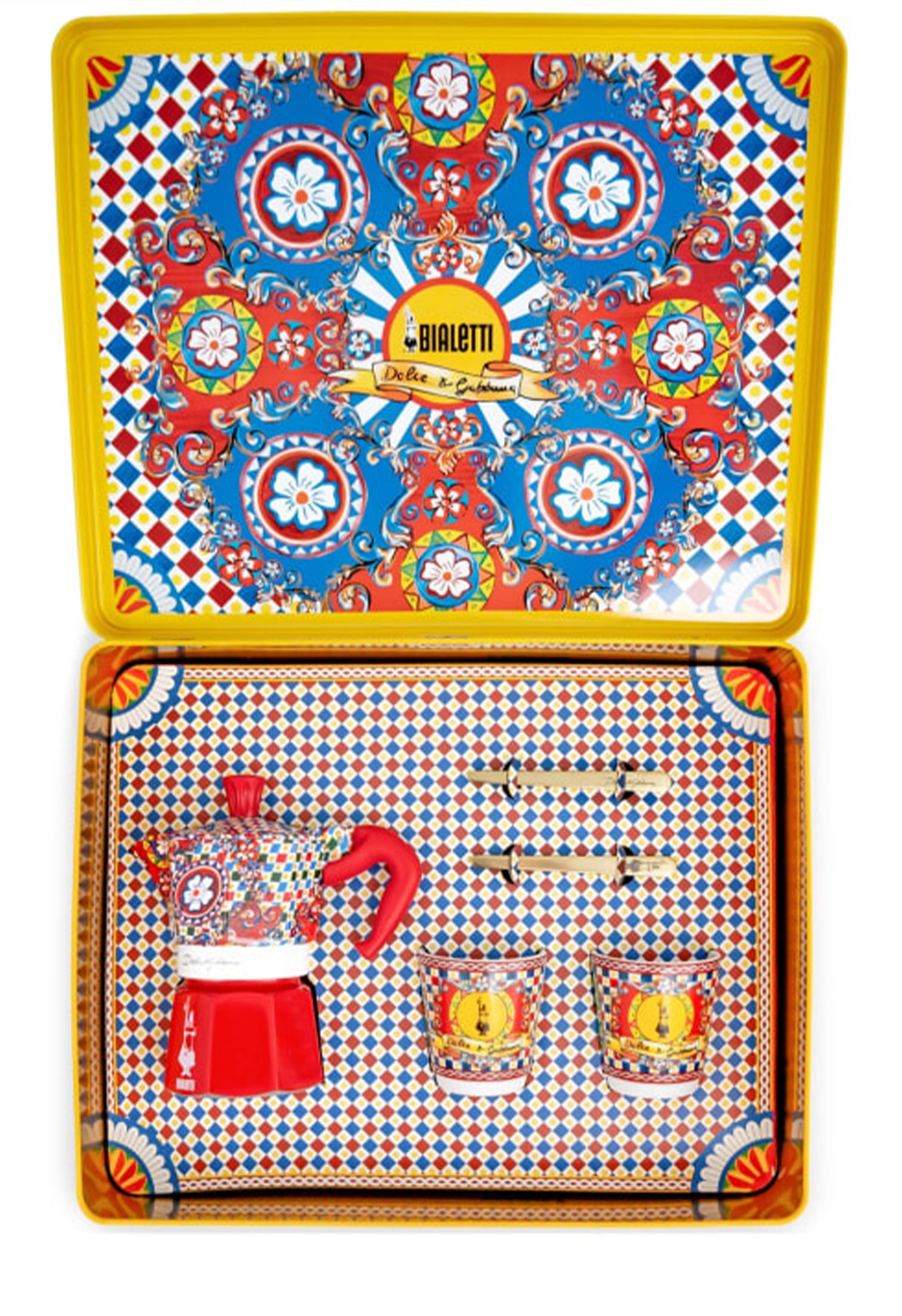 Colorful Dolce & Gabbana x Bialetti gift set with Moka coffee pot, espresso cups and tray – elegant Italian design gift for Christmas