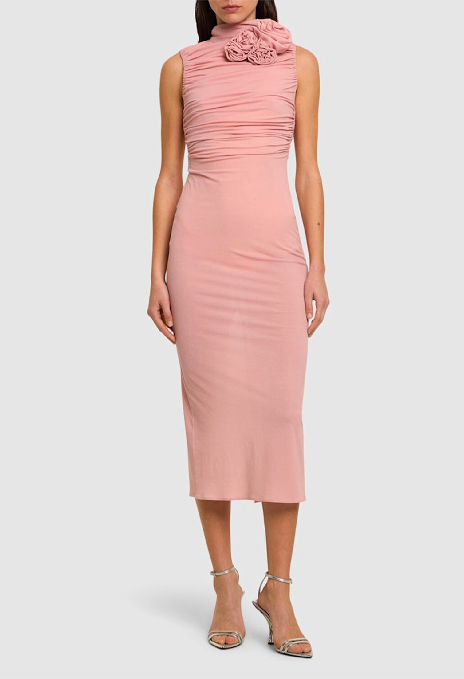 Model with Magda Butrym silk sheer roses detail midi dress and silver sandals