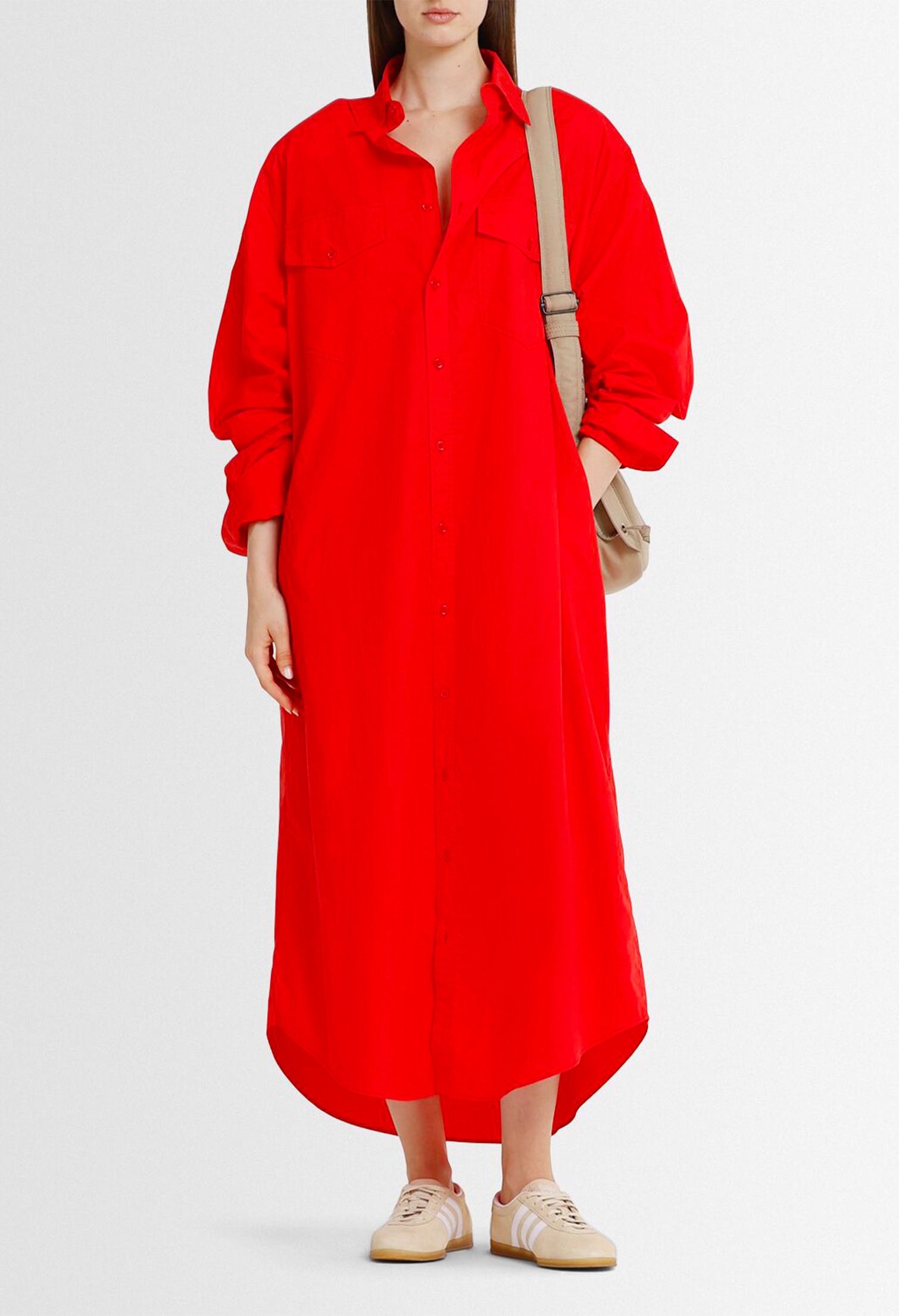 Model with Calren red cotton poplin long dress by The Frankie Shop